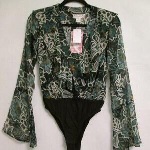 NWT Band of the Free Emerald Floral Bodysuit w/ Flare Sleeves Ruffled Collar-Sm